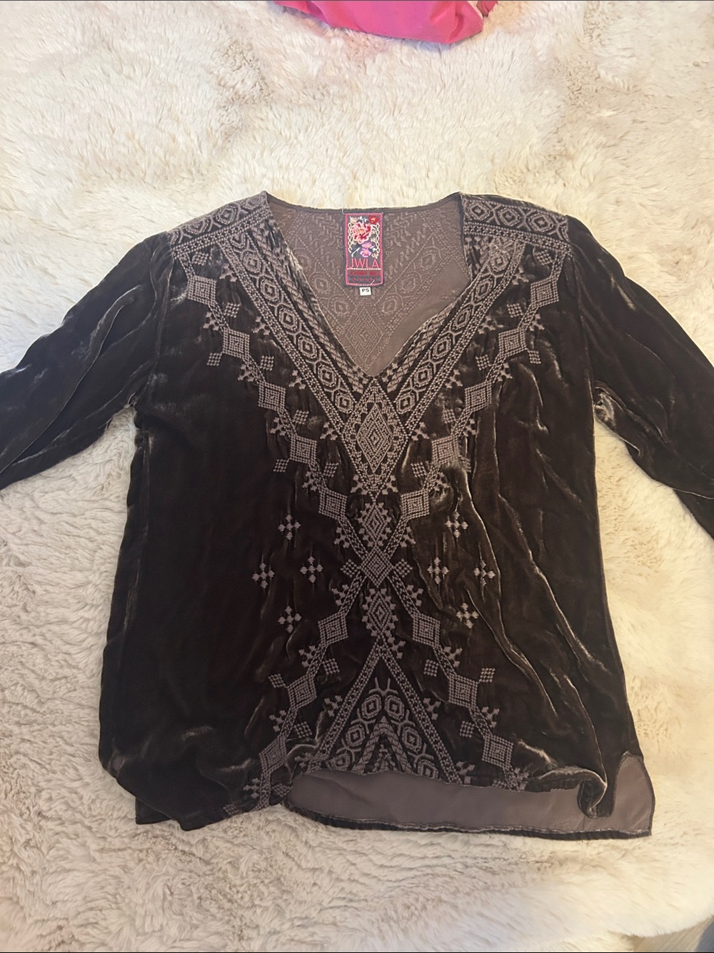Johnny Was Brown Velvet V-Neck Top with Embroidered Geometric Pattern